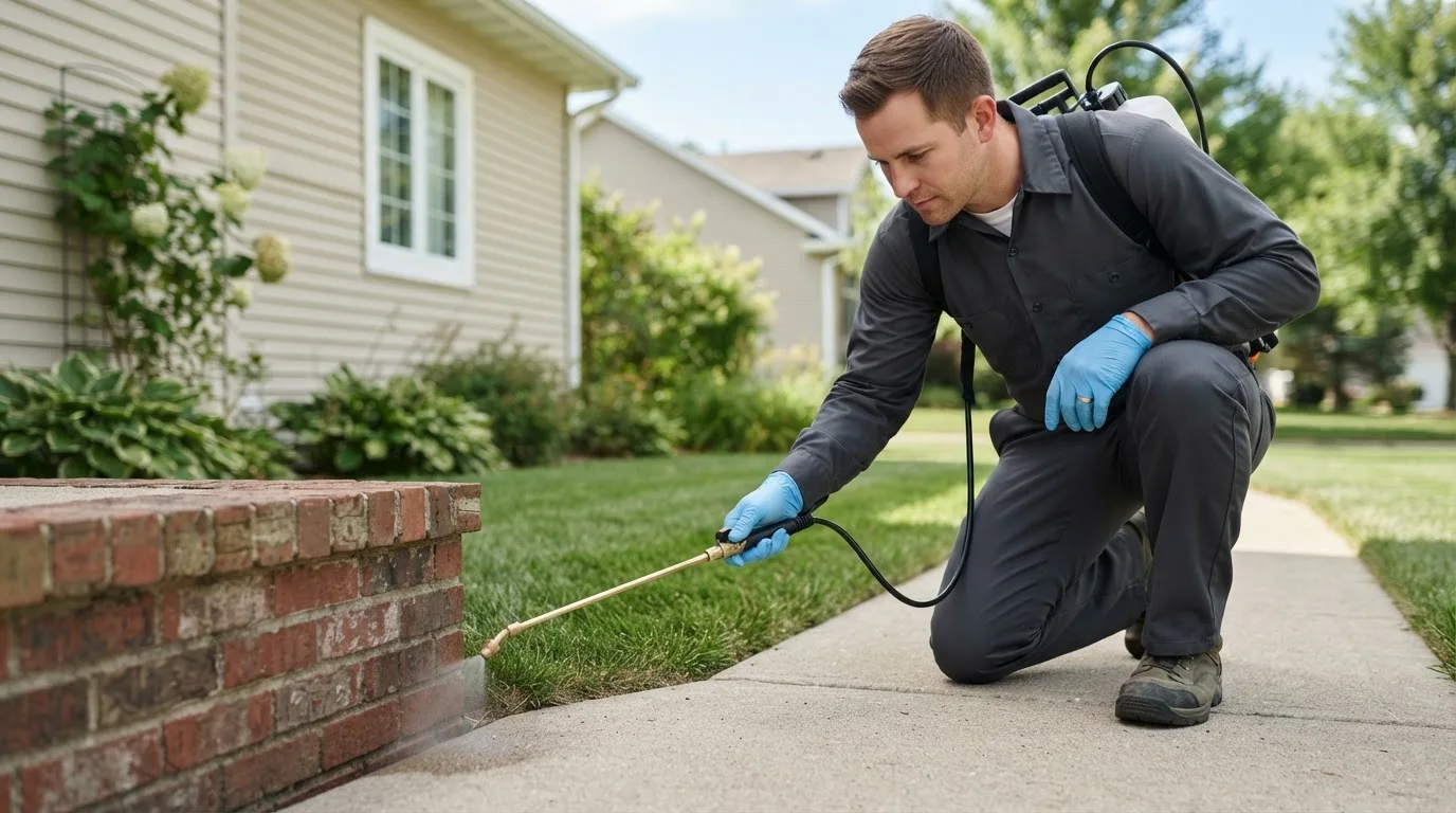 Pest control technician treating a home near Emily, MN